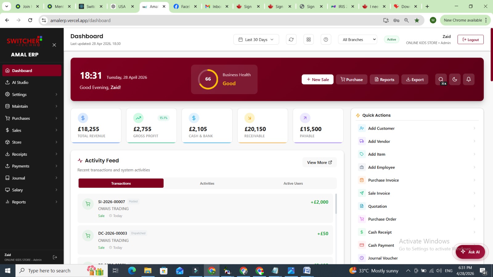 AmalERP Cloud ERP Software Dashboard - Best ERP Software UK