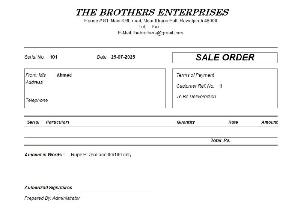 Sales order form used by The Brothers Enterprises for confirming customer order details and terms