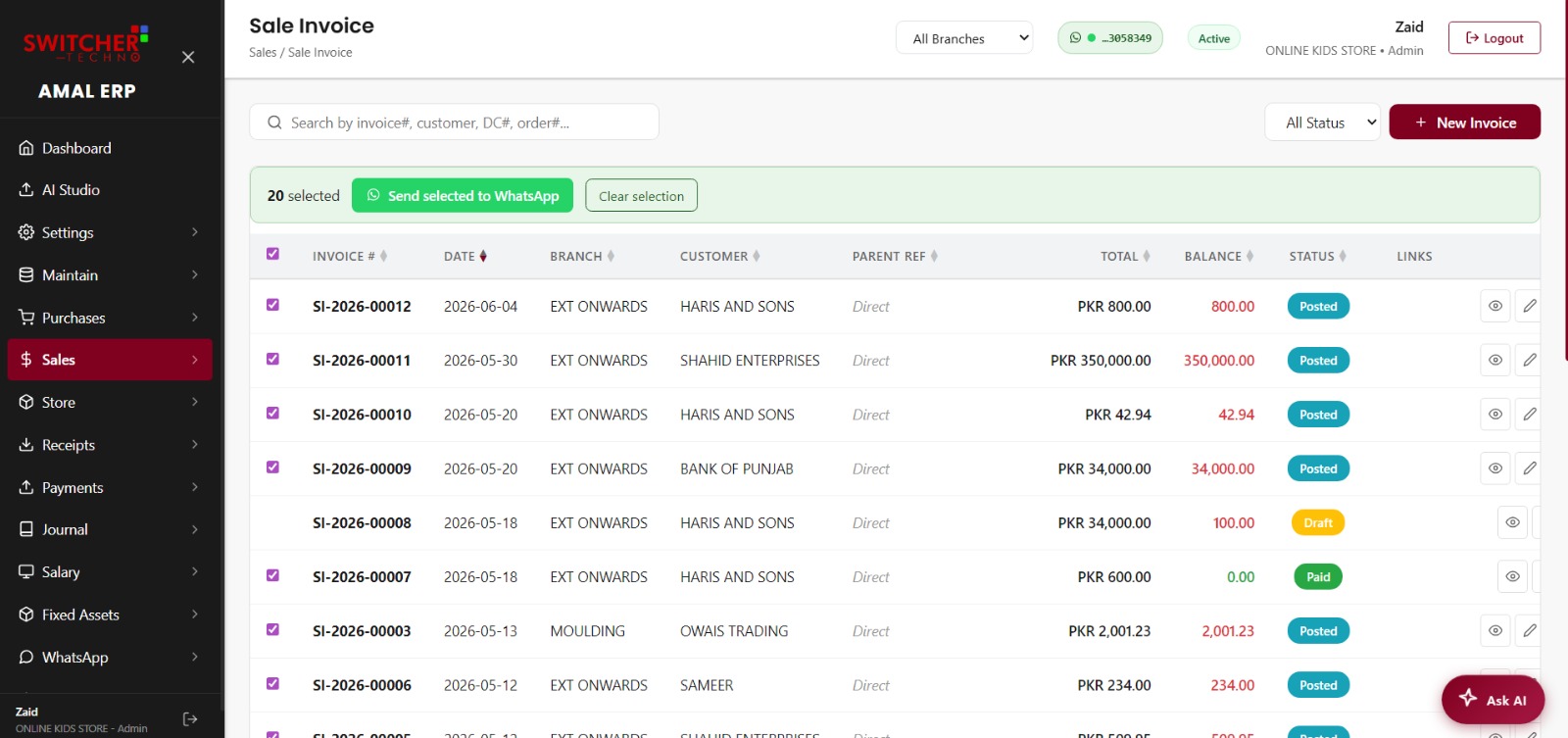 AmalERP Sale Invoice list with bulk send to WhatsApp option