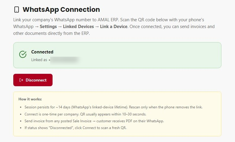 AmalERP WhatsApp Connected Status - Successfully linked