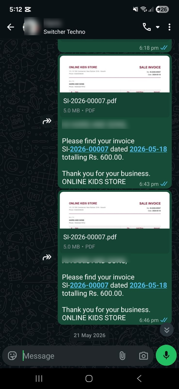 Customer receiving invoice PDF on WhatsApp from AmalERP - mobile view