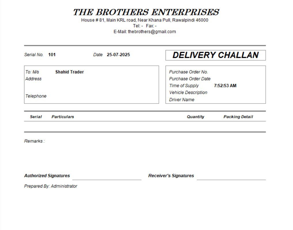 Delivery challan issued by The Brothers Enterprises to Shahid Trader showing item dispatch details and supply time
