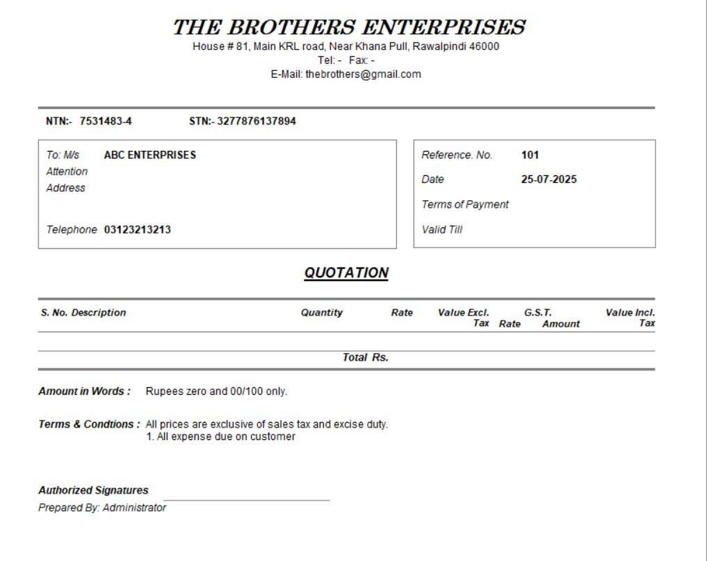 Business quotation document showing pricing and terms issued by The Brothers Enterprises to ALI TRADERS